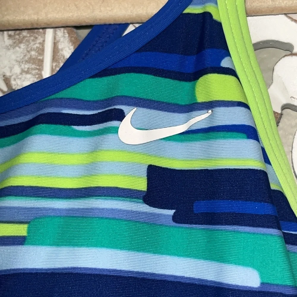 Nike Blue Green & White Striped Racerback Cross Strap Tankini Swim Top szYouth M
